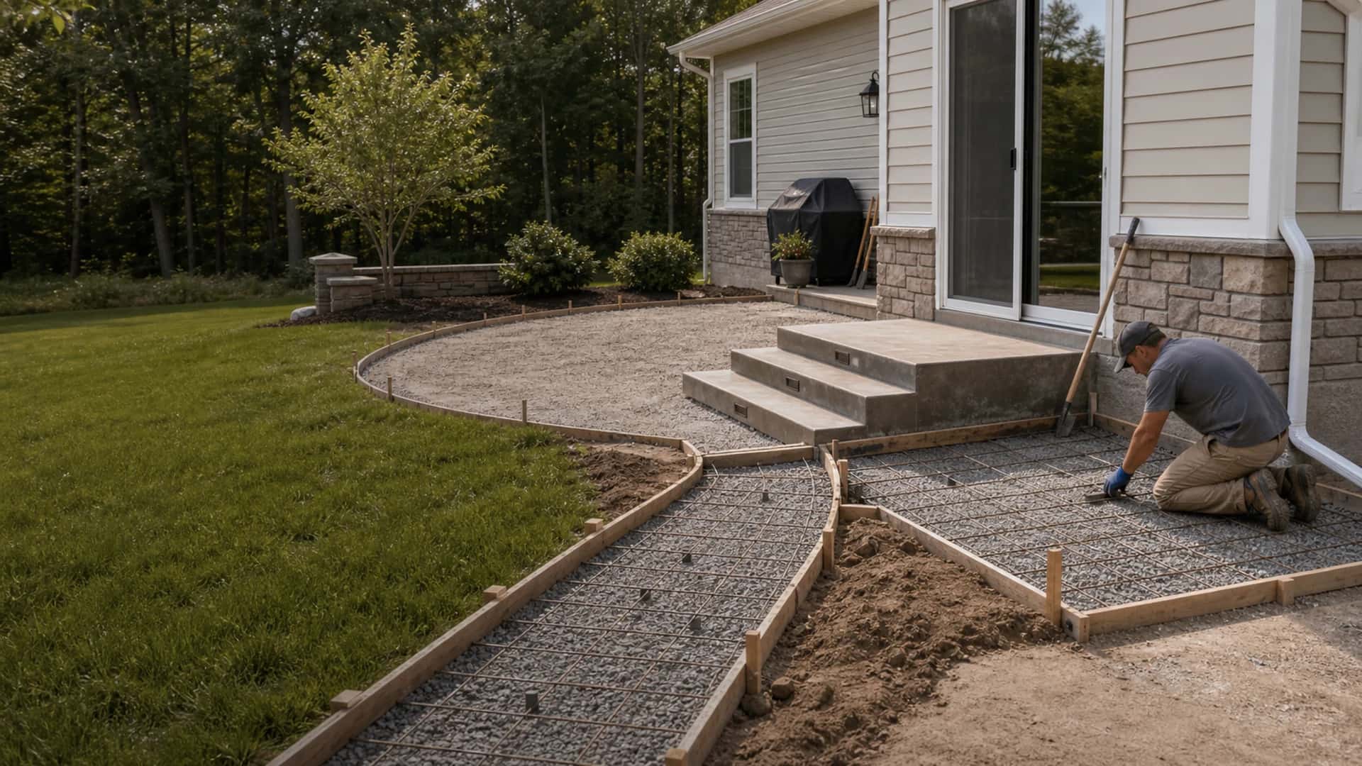 Patio and walkway concrete work with forms, base prep, steps, transitions, drainage, expansion joints, and clean finish.