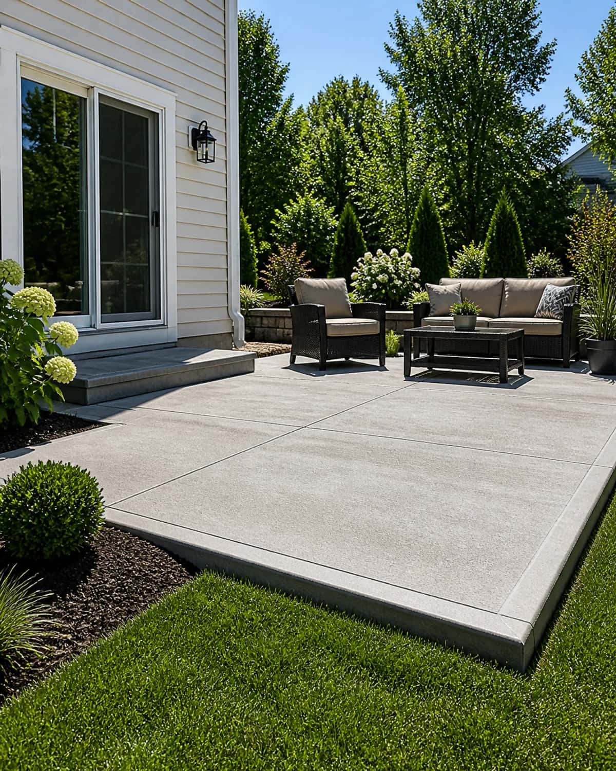 Finished concrete patio connected to a backyard entry with clean edges, practical seating space, and durable finish