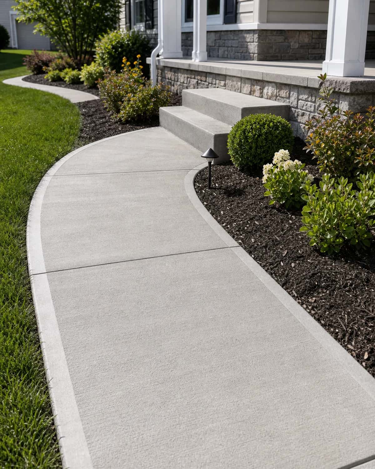 Curved concrete walkway with clean edges, control joints, landscape border, and realistic concrete texture