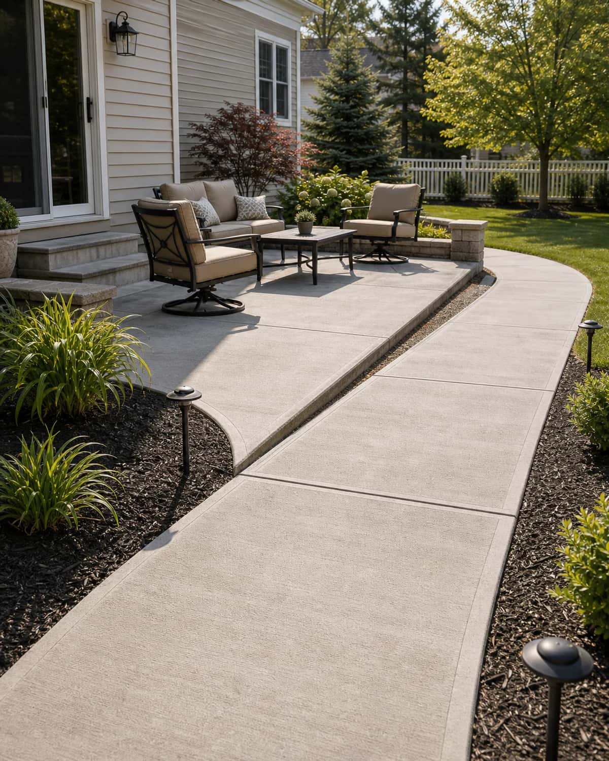 Patio seating area and walkway path with broom-finished concrete, clean borders, drainage, and Pennsylvania home context