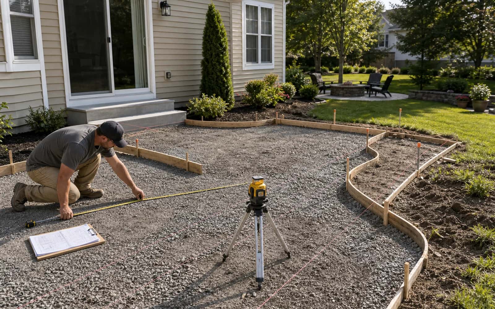 Patio and walkway layout, grade, drainage, form layout, and access review before concrete pour