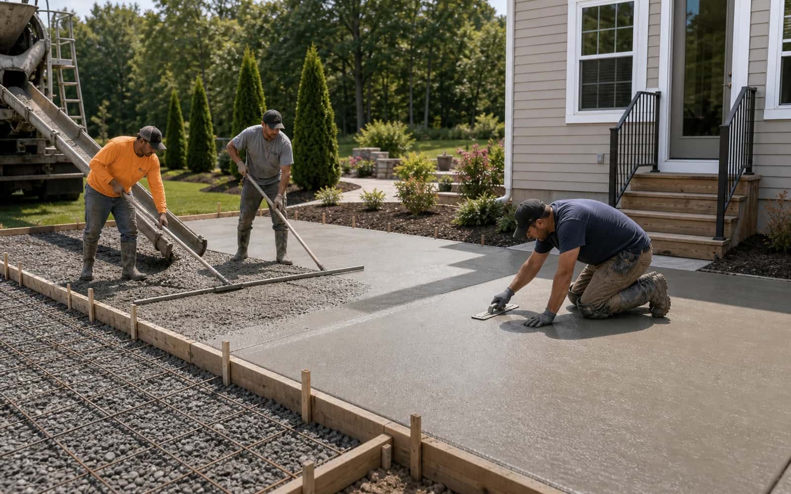 Concrete patio and walkway installation with forms, compacted base, reinforcement, pour, screed, and edging in progress
