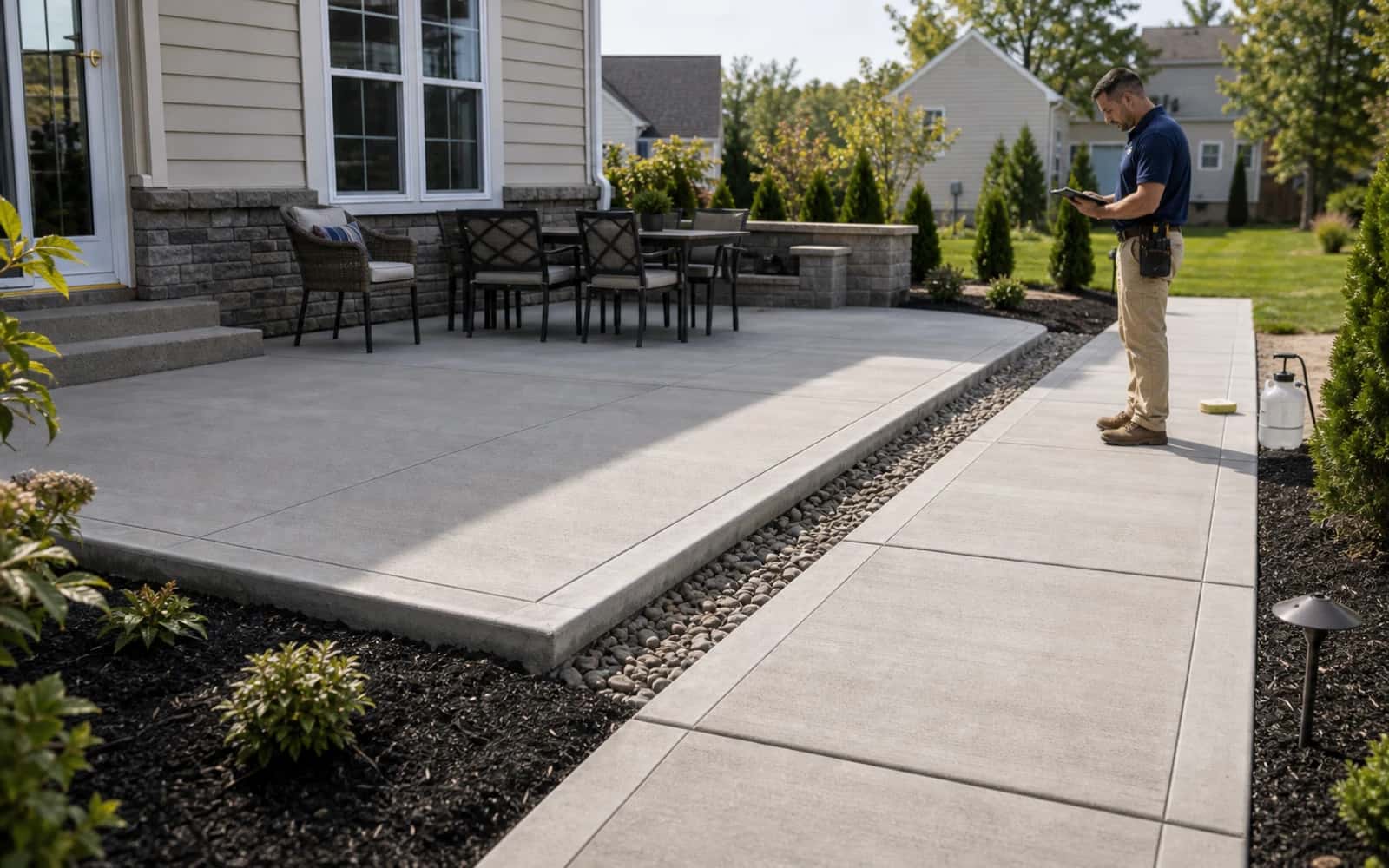 Finished patio and walkway concrete work with edging, cleanup, curing, and final site check