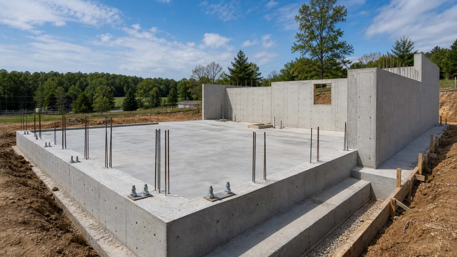 Structural concrete work with reinforcement, slabs, walls, grade beams, footings, anchor bolts, engineered support, forms, and inspection-ready details.