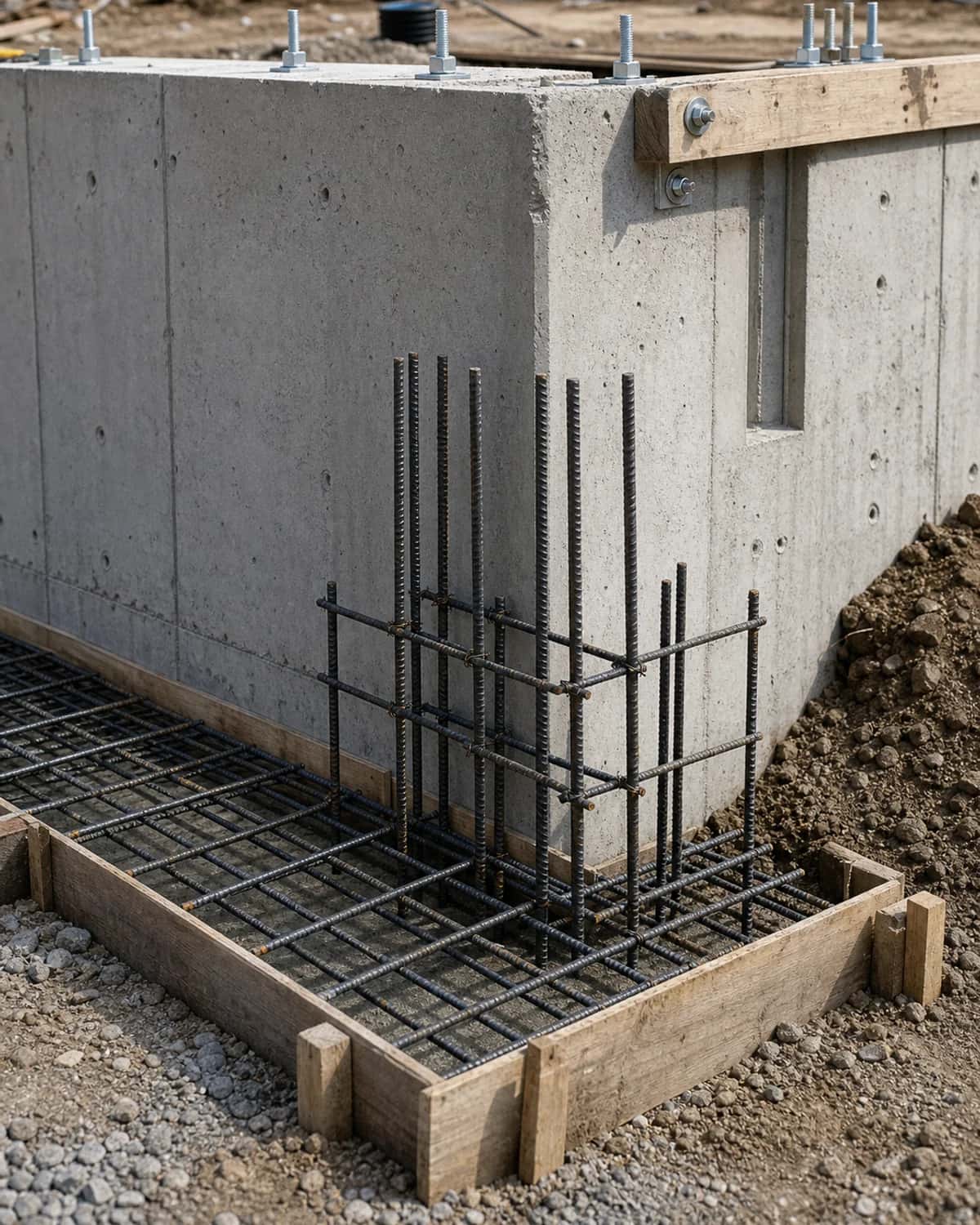 Structural concrete detail with rebar grid, anchor bolts, forms, wall, beam, footing, and reinforcement