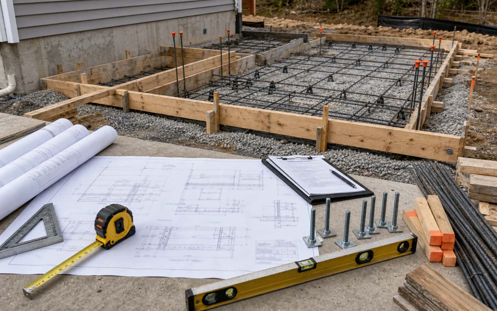 Structural scope, layout, reinforcement, forms, inspection planning, and tools with unreadable drawings