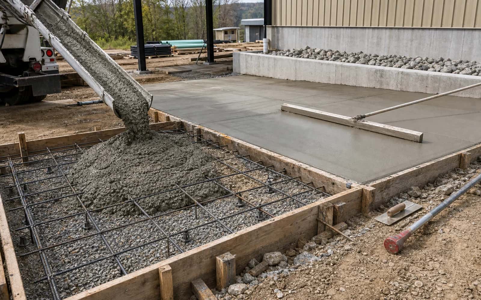 Formwork, rebar, concrete placement, screed, structural pour, and engineered support work in progress
