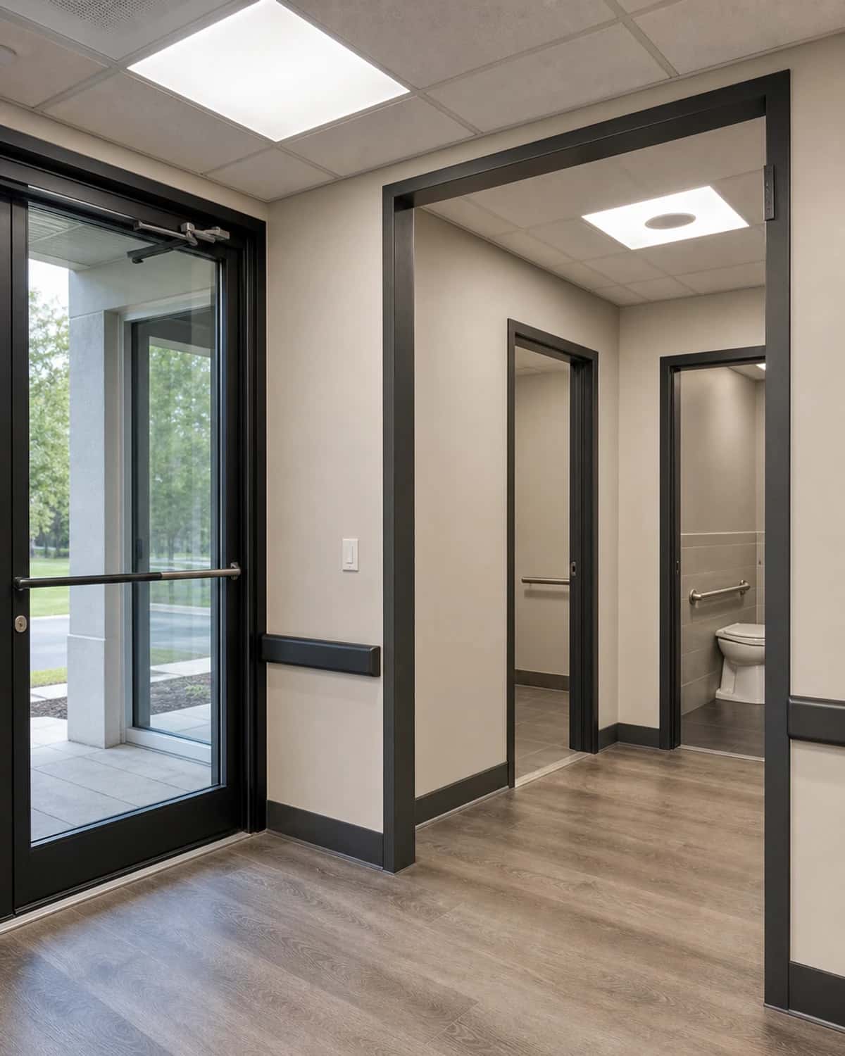Accessible commercial corridor and doorway finish detail with durable flooring, lighting, and clearances