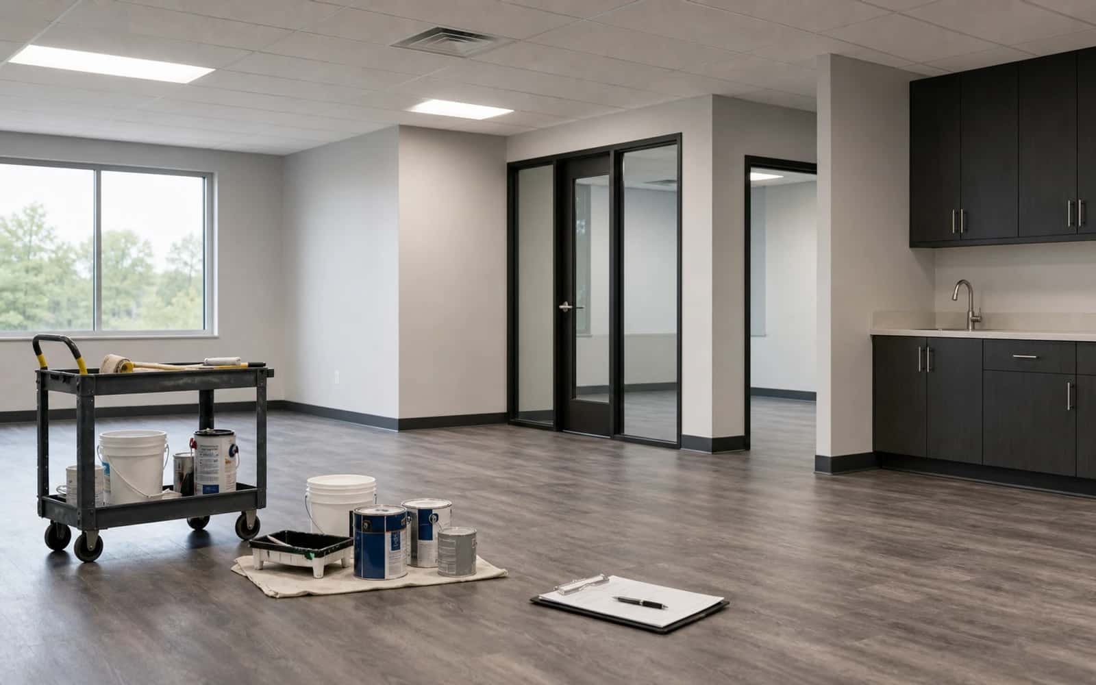 Final punch-list and cleanup stage in a commercial tenant suite before turnover