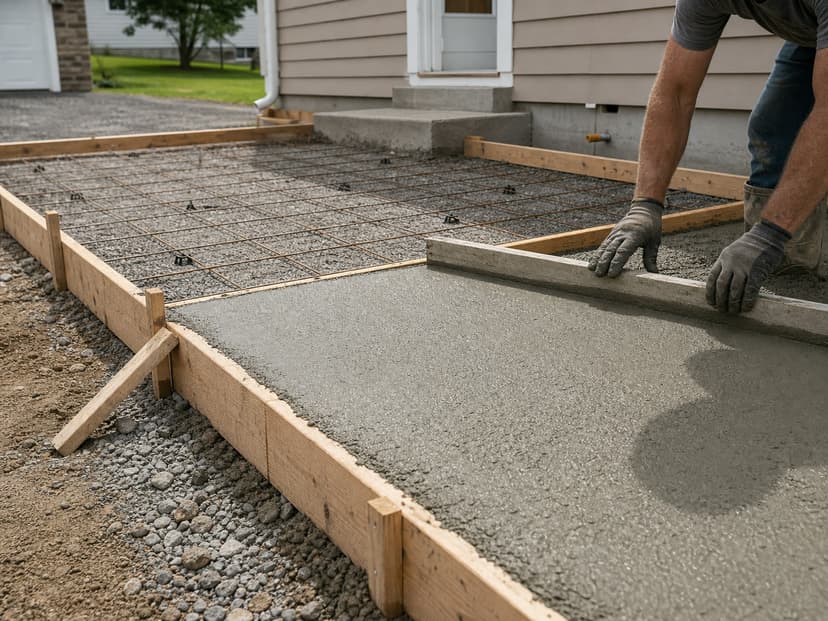 Concrete flatwork forms and fresh concrete placement