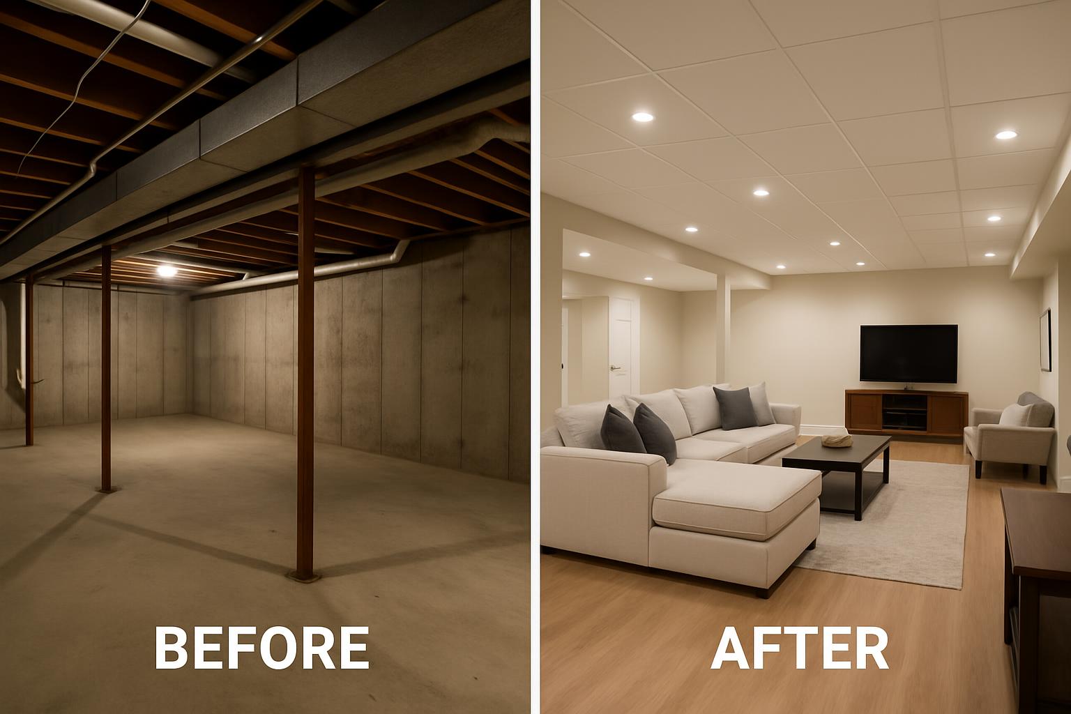 Before and after basement finishing transformation