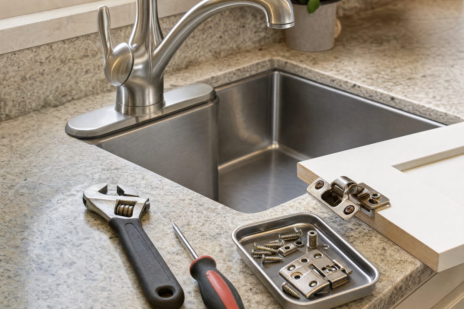 Small repair tools and cabinet hardware beside a kitchen faucet — typical handyman-scale work