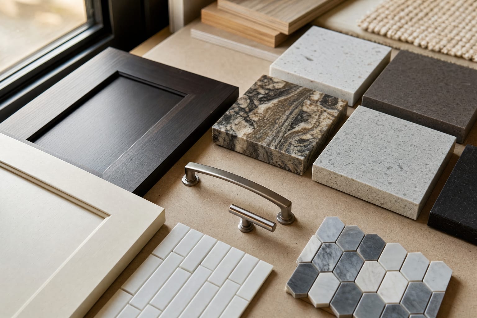 Countertop, tile, and cabinet samples laid out for cost comparison