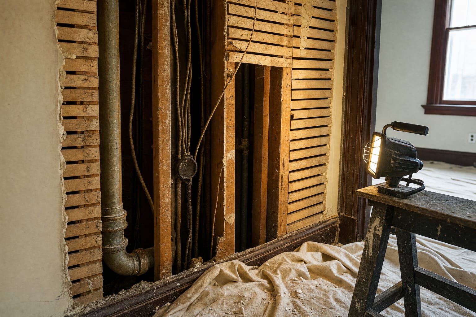 Opened wall during renovation revealing outdated wiring and old plumbing
