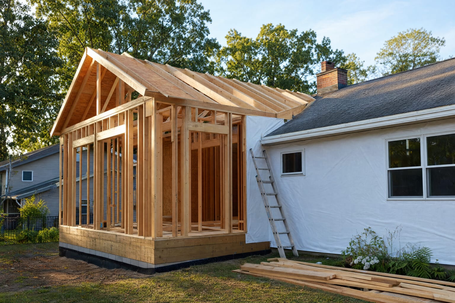 Home addition under construction with new framing tied into an existing Pennsylvania house