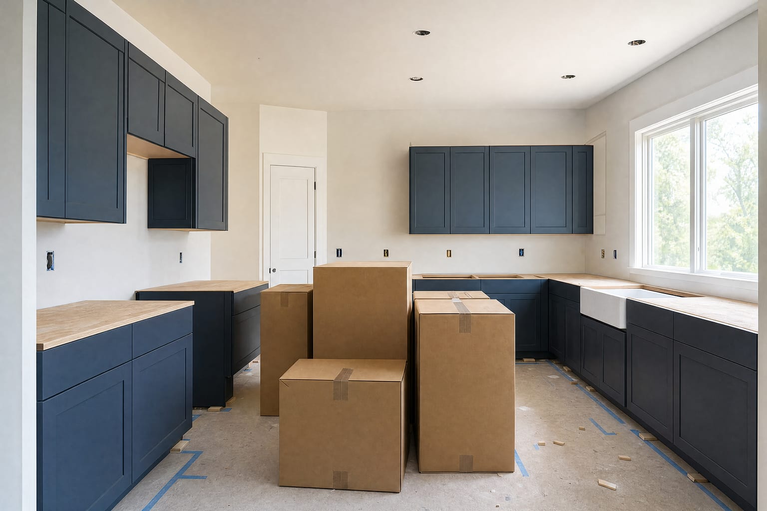 Kitchen remodel at the cabinet installation stage, before countertop templating