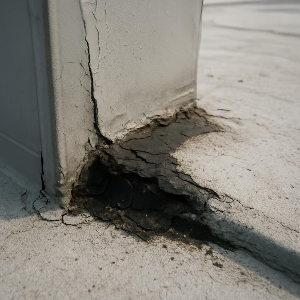Deteriorated flashing and cracked sealant where a wall meets a flat roof