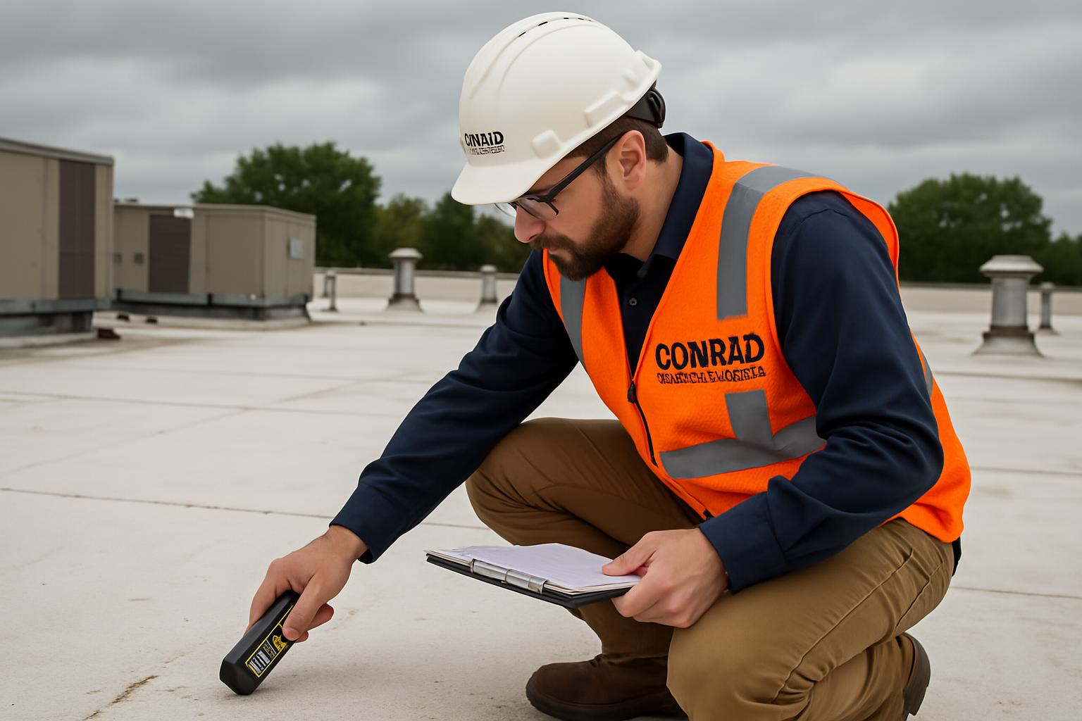 Professional roof inspection on a flat commercial roof in the Lehigh Valley