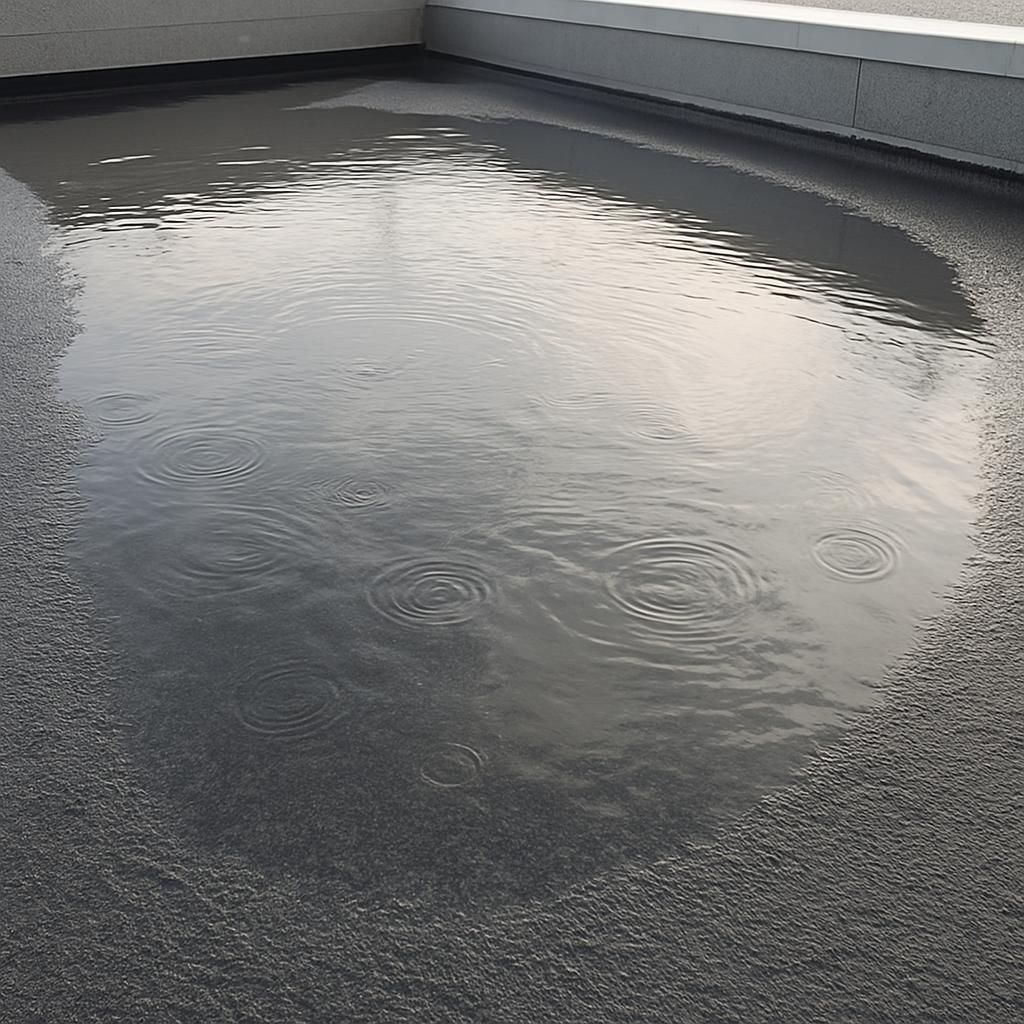 Ponding water collecting on a flat roof after rain