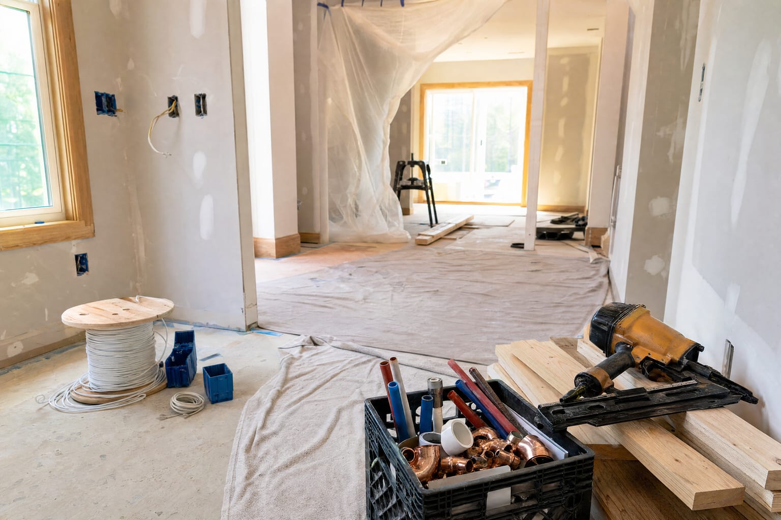 Mid-renovation room with electrical, plumbing, and framing materials staged for multiple trades